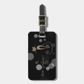 黒い背景にグレーのドット,猫,ハローゴス ラゲッジタグ (正面縦)