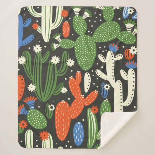 黒い背景にサボテンを塗ったシームレスな模様。  シェルパブランケット (正面)