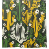 黒い背景にサボテンを塗ったシームレスな模様。  シャワーカーテン (正面)