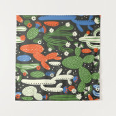 黒い背景にサボテンを塗ったシームレスな模様。  タペストリー (正面(横))