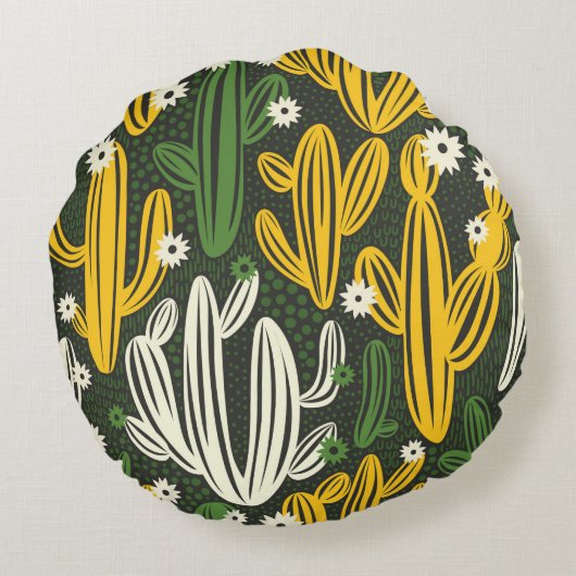 黒い背景にサボテンを塗ったシームレスな模様。 ラウンドクッション (裏面)