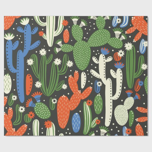 黒い背景にサボテンを塗ったシームレスな模様。 ラッピングペーパー (フラット)