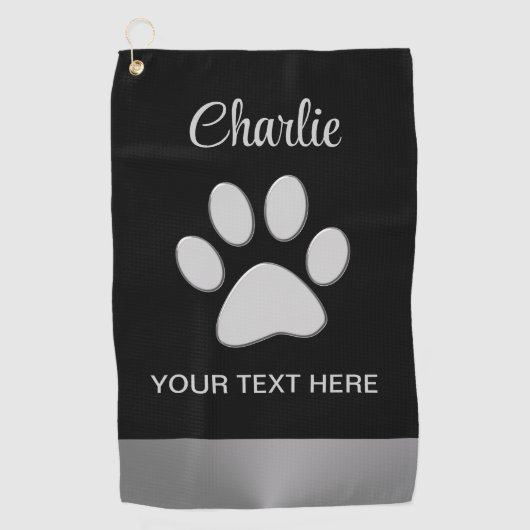 黒い背景にシルバードッグポー ゴルフタオル (正面)