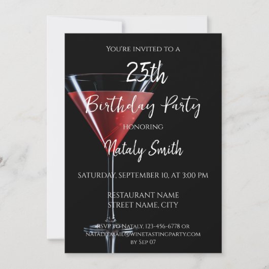 黒い背景にチェリーのついたコスモポリタンカクテル 招待状 (正面)