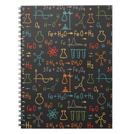 黒い背景にハンドドロー化学。ヴィンテージ ノートブック (正面)