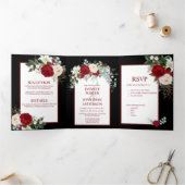 黒い背景にバーガンディと白のバラ 三つ折り招待状 (内部)