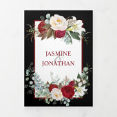 黒い背景にバーガンディと白のバラ 三つ折り招待状 (カバー)