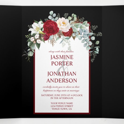 黒い背景にバーガンディと白のバラ 三つ折り招待状 (内部中)