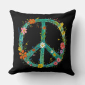 黒い背景にヒッピーフローラ平和サイン クッション (正面)