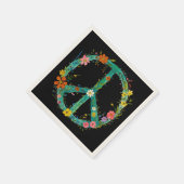 黒い背景にヒッピーフローラ平和サイン スタンダードカクテルナプキン (角)