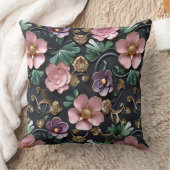 黒い背景にピンクと紫の花を付ける クッション (ブランケット)