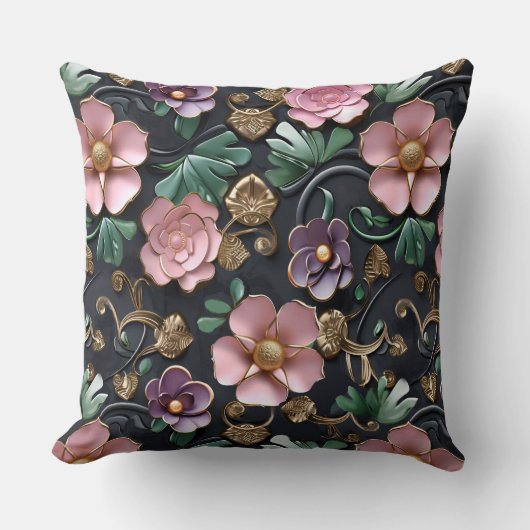 黒い背景にピンクと紫の花を付ける クッション (正面)