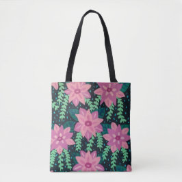 黒い背景にピンクの花 トートバッグ
