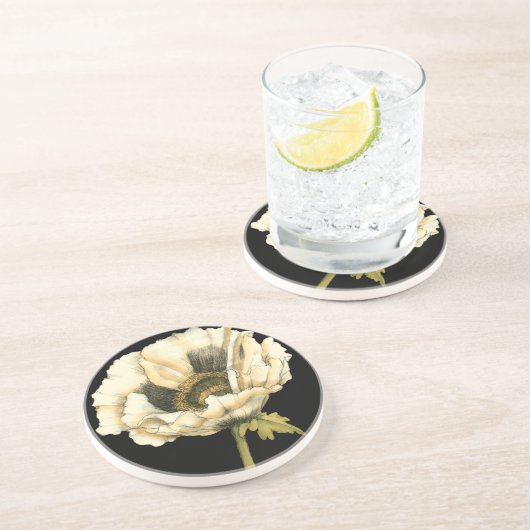 黒い背景にポピーのクリーム色の花 コースター (側面)