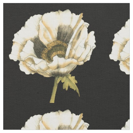 黒い背景にポピーのクリーム色の花 ファブリック (クローズアップ)