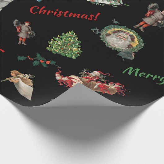 黒い背景にヴィンテージのクリスマスコラージュ ラッピングペーパー (角)