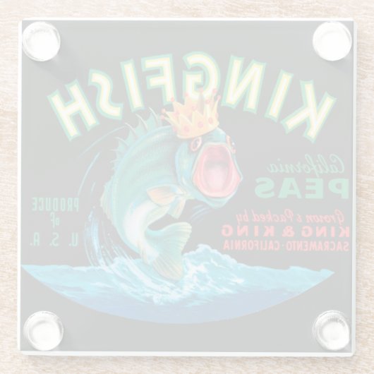 黒い背景に冠をかぶったバスフィッシュ ガラスコースター (裏面)