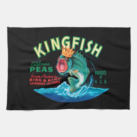 黒い背景に冠をかぶったバスフィッシュ キッチンタオル (横)