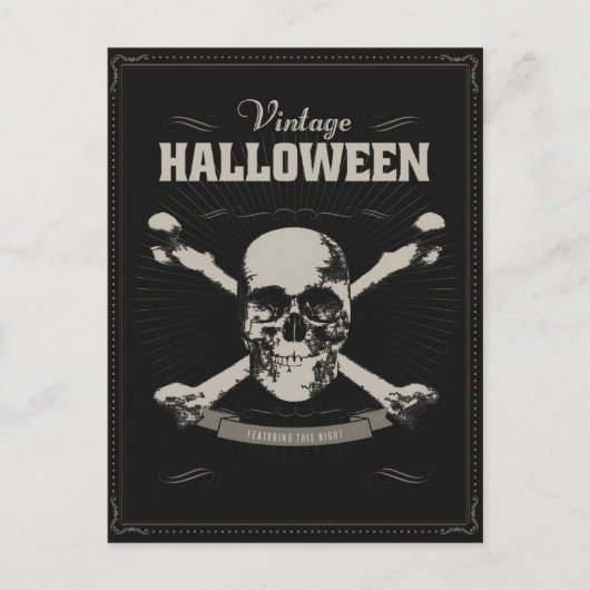 黒い背景に十字骨が付いているスカル ポストカード (正面)