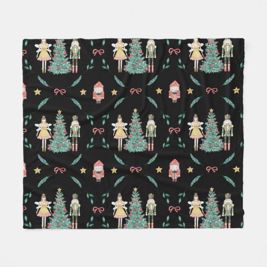 黒い背景に可愛いクリスマスくるみ割り フリースブランケット (正面(横))