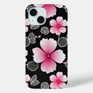 黒い背景に可愛いピンクの桜模様 iPhone 15ケース