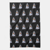 黒い背景に可愛いブル幽霊ハロウィーン キッチンタオル (縦)