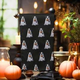 黒い背景に可愛いブル幽霊ハロウィーン キッチンタオル