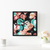 黒い背景に多色の泡 スクエア壁時計 (ホーム)