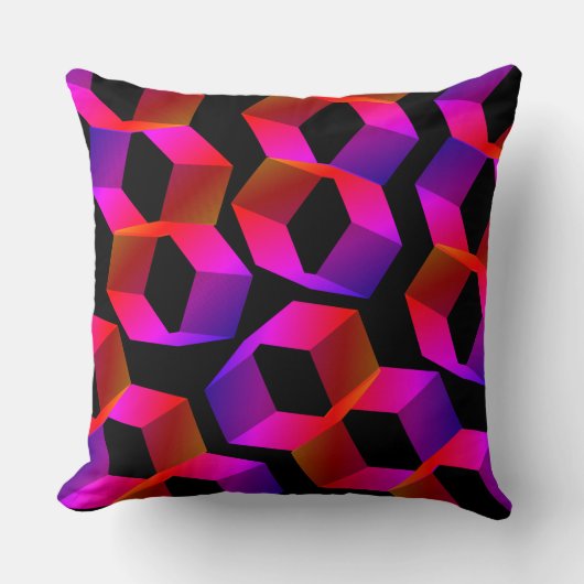 黒い背景に奇妙なピンクがかった六角形 クッション (正面)