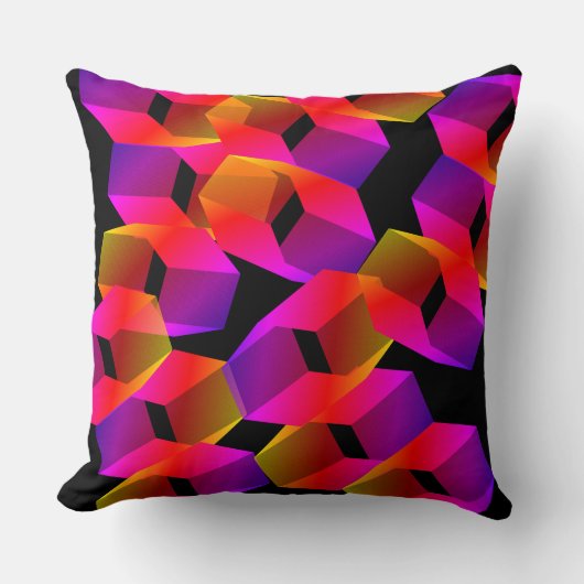 黒い背景に奇妙な赤いピンクの六角形 クッション (正面)