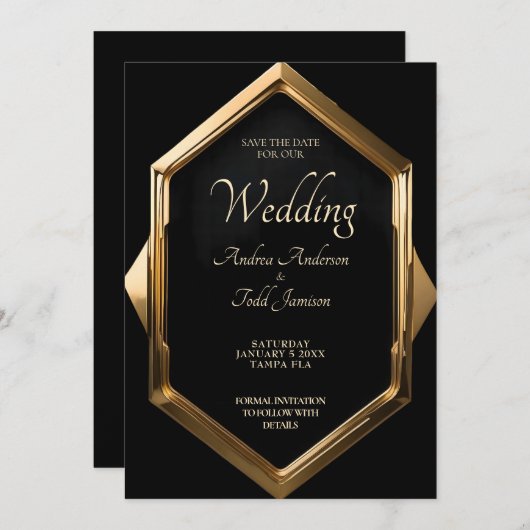 黒い背景に対するミニマル金ゴールドフレーム セーブザデート (正面/裏面)