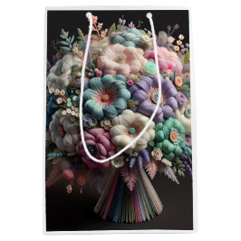 黒い背景に柔らかい花束を描いたNatasha U ミディアムペーパーバッグ