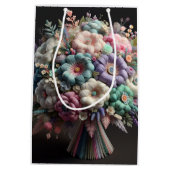 黒い背景に柔らかい花束を描いたNatasha U ミディアムペーパーバッグ (裏面)