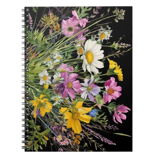 黒い背景に水色の野花の花束 ノートブック (正面)