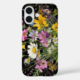 黒い背景に水色の野花の花束 iPhone 16ケース