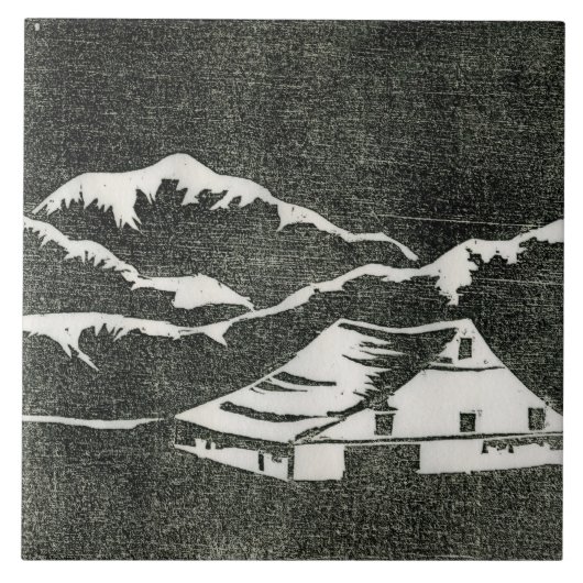 黒い背景に白い国の納屋プリント タイル (正面)