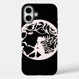黒い背景に白い妖精 iPhone 16 PLUSケース