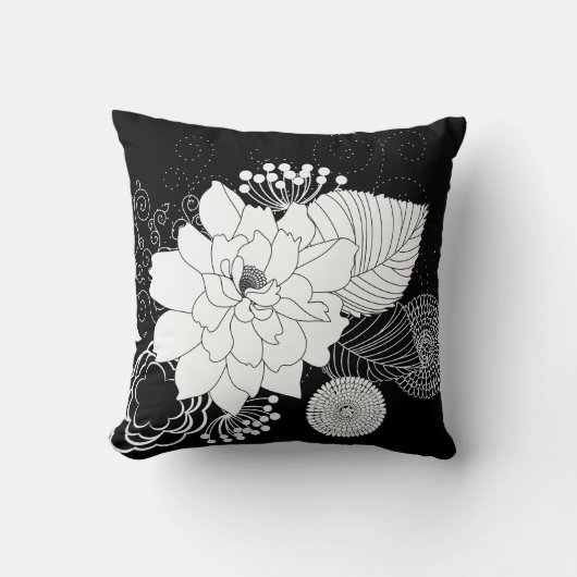 黒い背景に白と黒の花 クッション (正面)