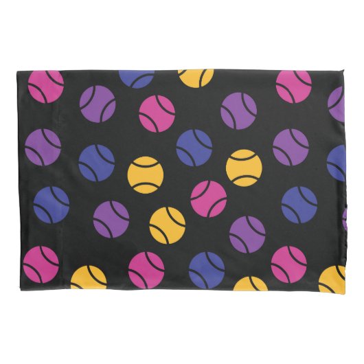 黒い背景に紫と黄色のテニスボール 枕カバー (正面)