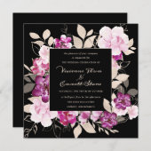 黒い背景に紫のピンクのフローラ結婚を 招待状 (正面/裏面)