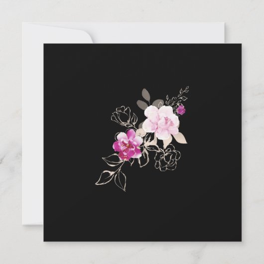 黒い背景に紫のピンクのフローラ結婚を 招待状 (裏面)