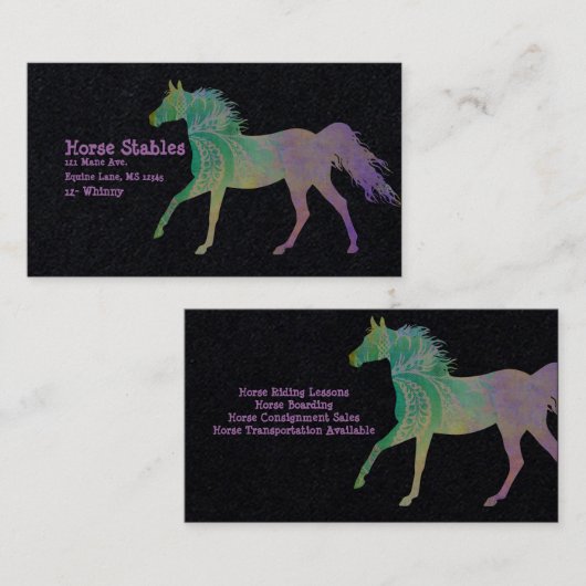 黒い背景に紫の巧妙な馬 名刺 (正面/裏面)