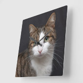 黒い背景に緑の目を持つタビー猫 スクエア壁時計 (傾斜)