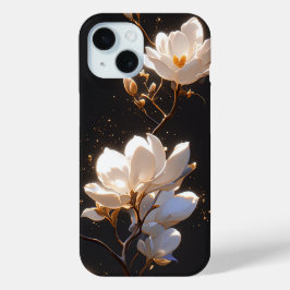 黒い背景に美しいマグノリアの花 iPhone 15ケース