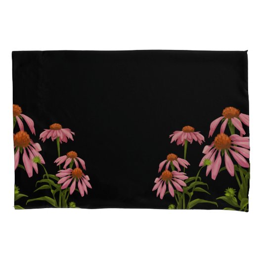 黒い背景に色の濃いピンクの花 枕カバー (正面)