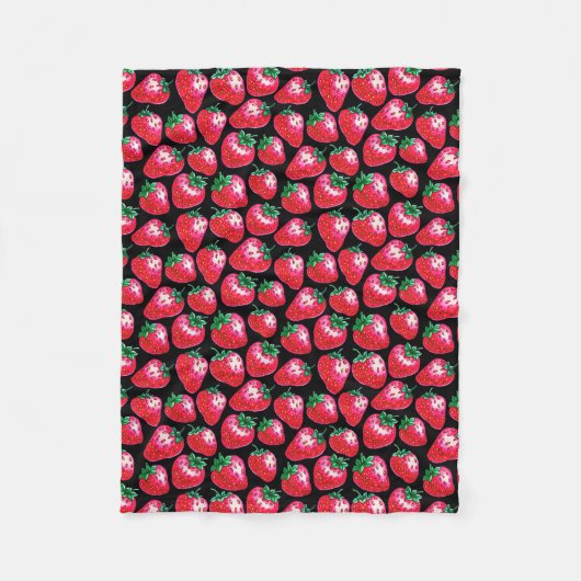 黒い背景に赤いイチゴ フリースブランケット (正面)