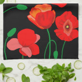 黒い背景に赤いケシのイラストレーション キッチンタオル (折り畳み)