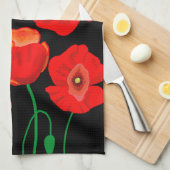 黒い背景に赤いケシのイラストレーション キッチンタオル (四つ折り)