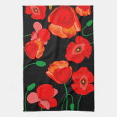 黒い背景に赤いケシのイラストレーション キッチンタオル (縦)