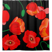 黒い背景に赤いケシのイラストレーション シャワーカーテン (正面)
